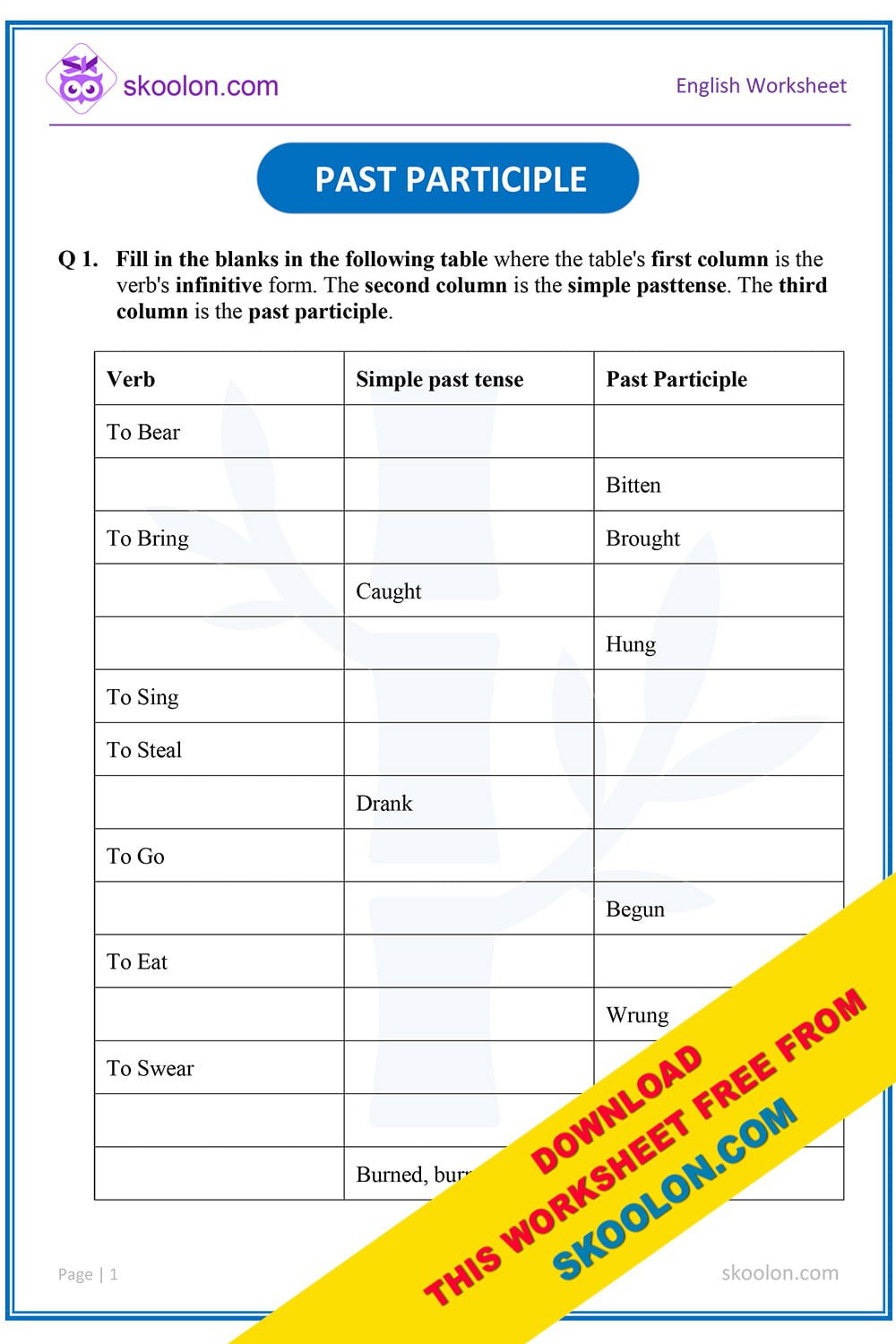 English Grammar - Past Participle - skoolon.com - Worksheets Library