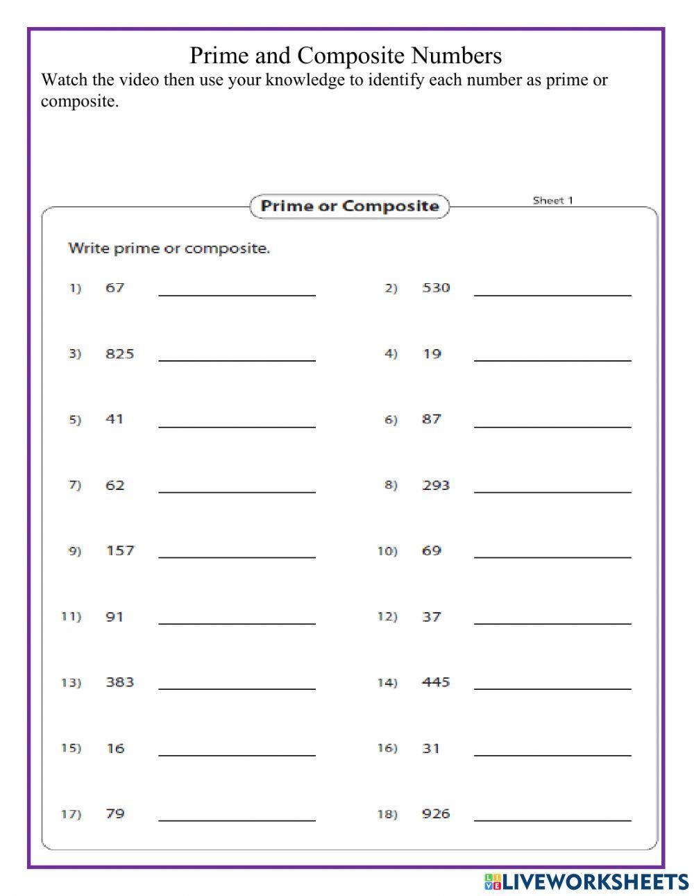 Prime and Composite Numbers worksheet for grades 4 and 5 | Live ...