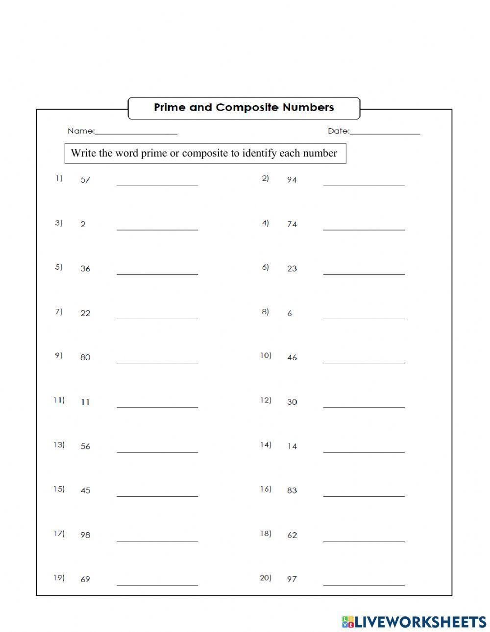 Prime and composite numbers online worksheet | Live Worksheets ...