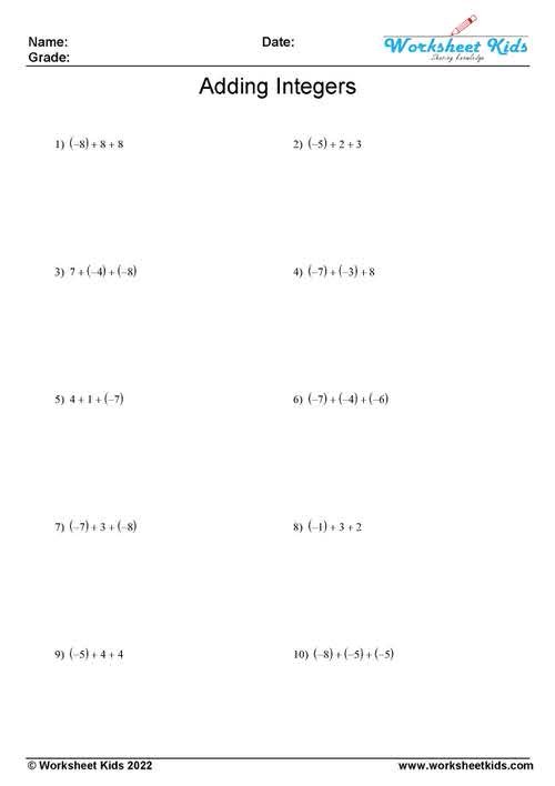 Adding and Subtracting Integers Worksheets for Grades 6-8 - PDF ...