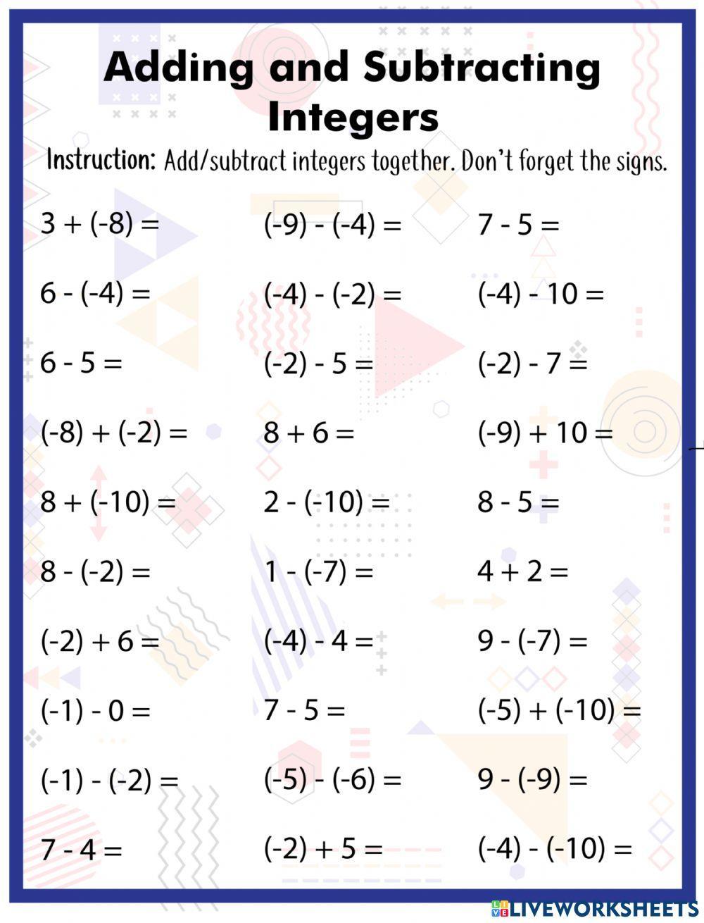 Adding and Subtracting Integers worksheet for 3 | Live Worksheets ...