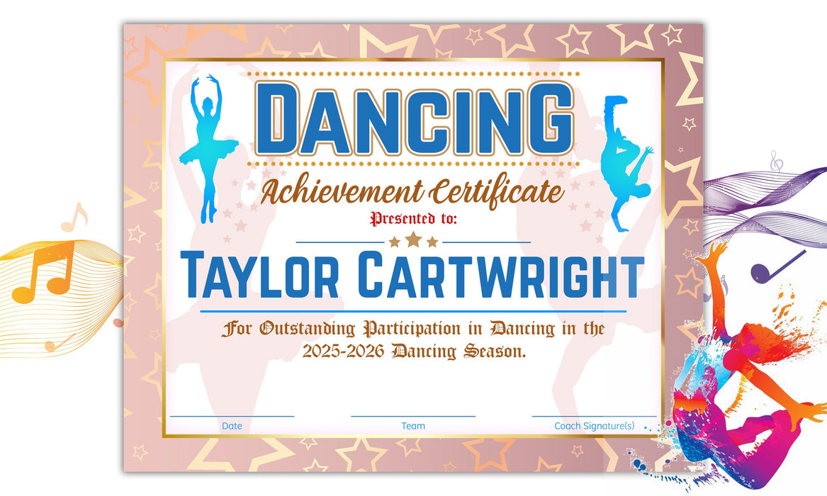 EDITABLE Dancer Certificate, Dancing Award Template, Pink Gold Stars ...