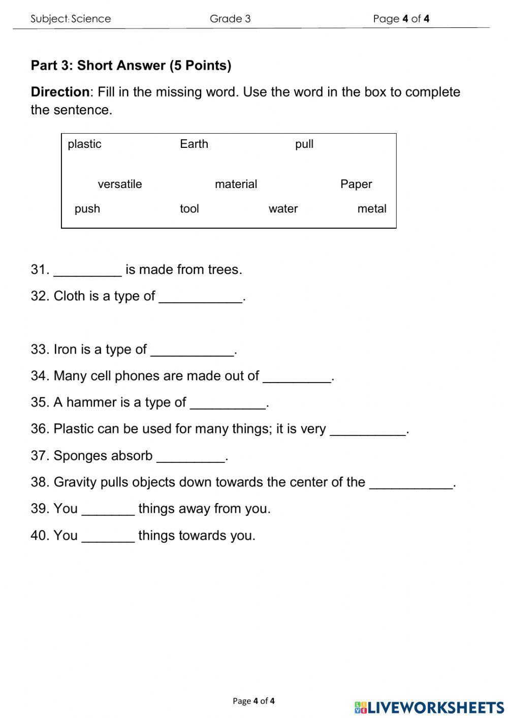 Science Final Exam for Grade 3 interactive worksheet | Live Worksheets ... image.