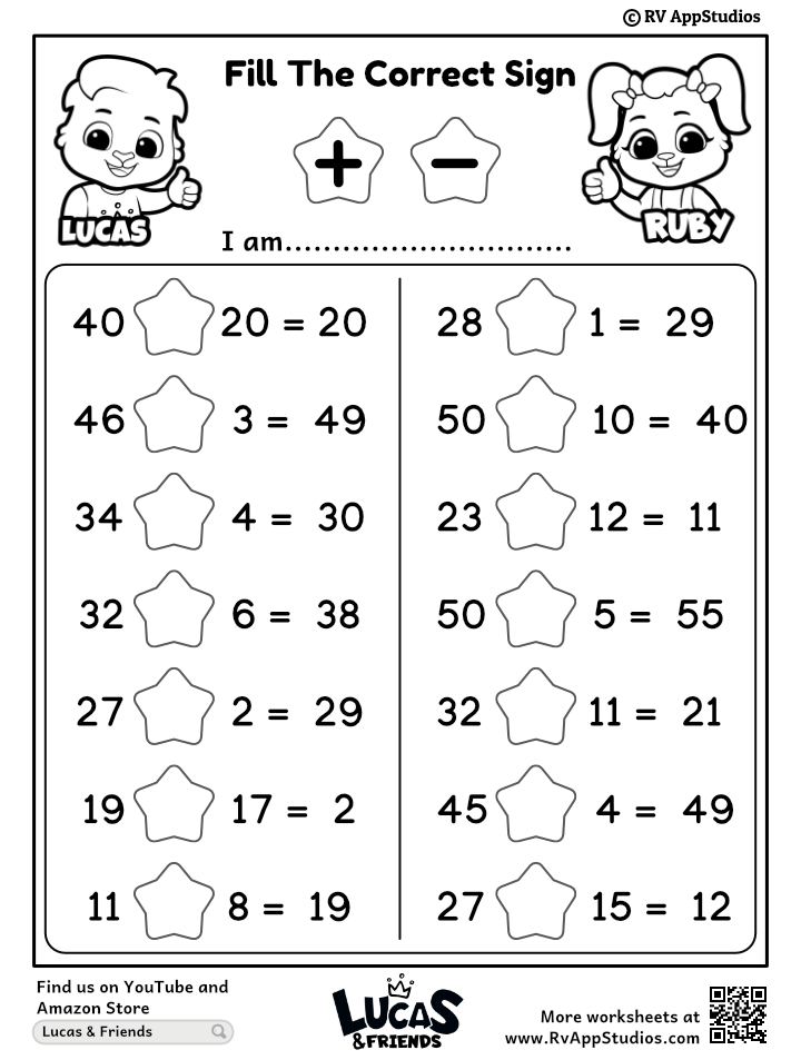 Addition Sign and Subtraction Sign Worksheet. Free Printables ...