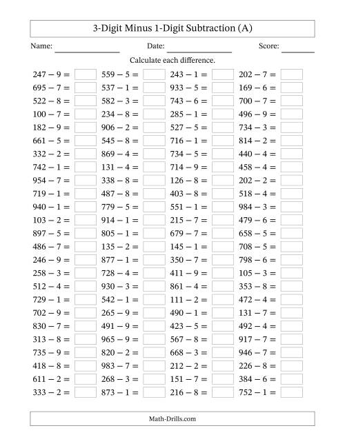 Horizontally Arranged Three-Digit Minus One-Digit Subtraction(100 ...