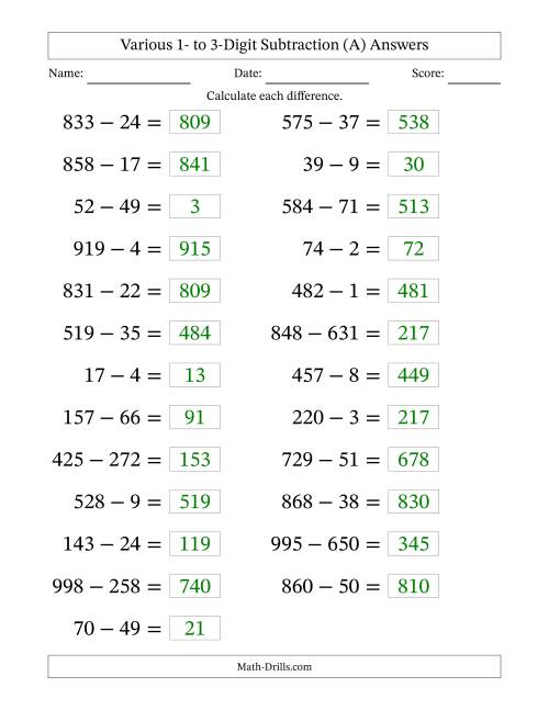 Horizontally Arranged Various One-Digit to Three-Digit Subtraction ...