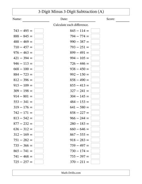 Horizontally Arranged Three-Digit Minus Three-Digit Subtraction(50 ...