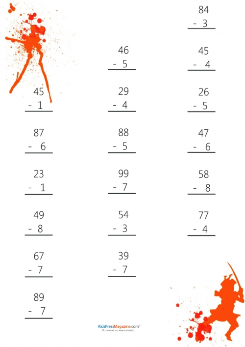 Horizontally Arranged Two-Digit Minus One-Digit Subtraction(25 ...