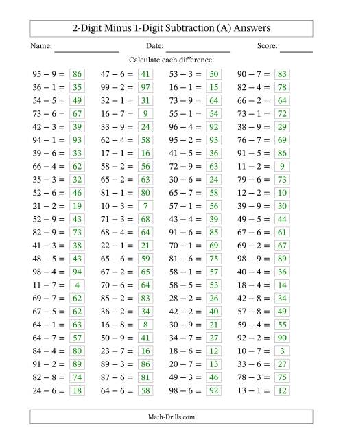 Horizontally Arranged Two-Digit Minus One-Digit Subtraction(100 ...