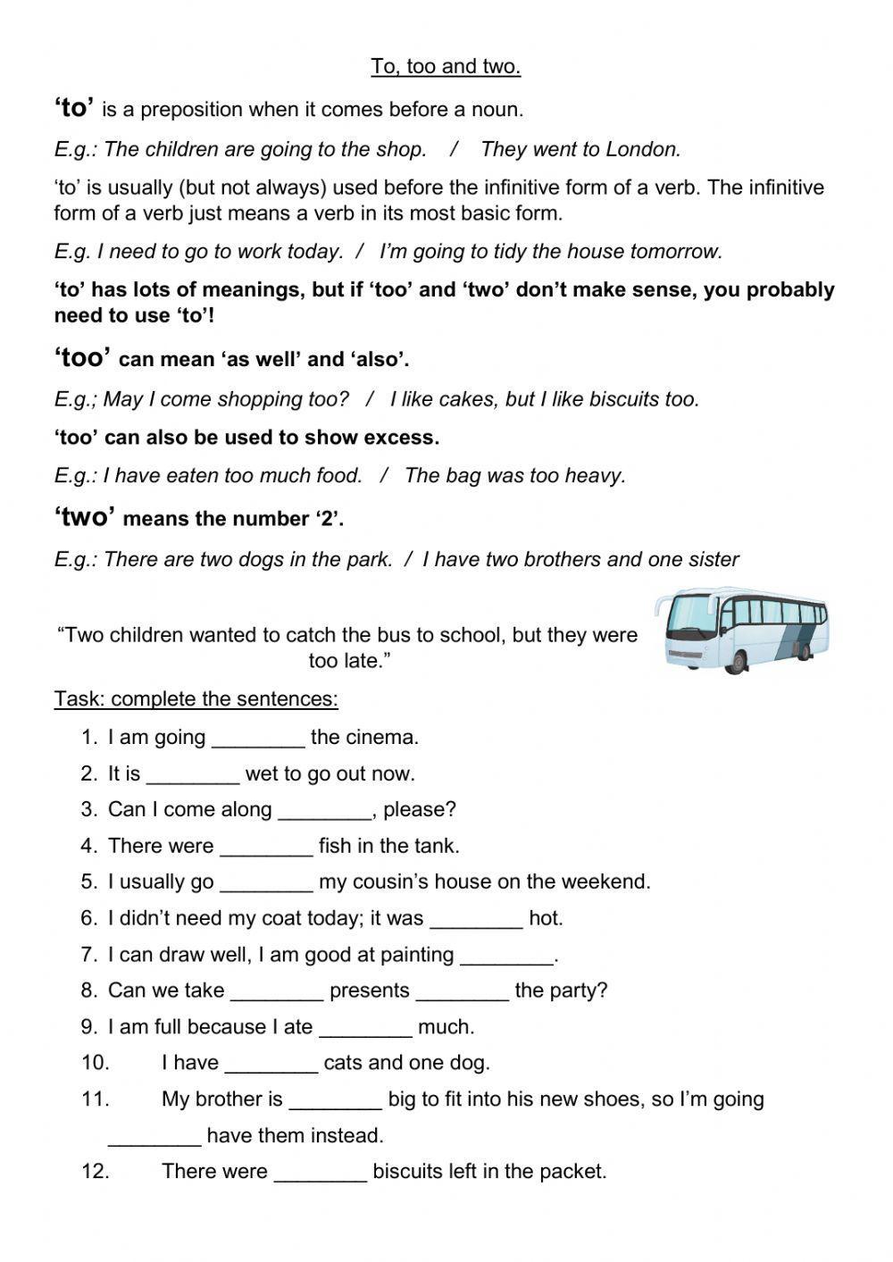 Two, To, and Too Worksheet (Homophones) - Your Home Teacher ...