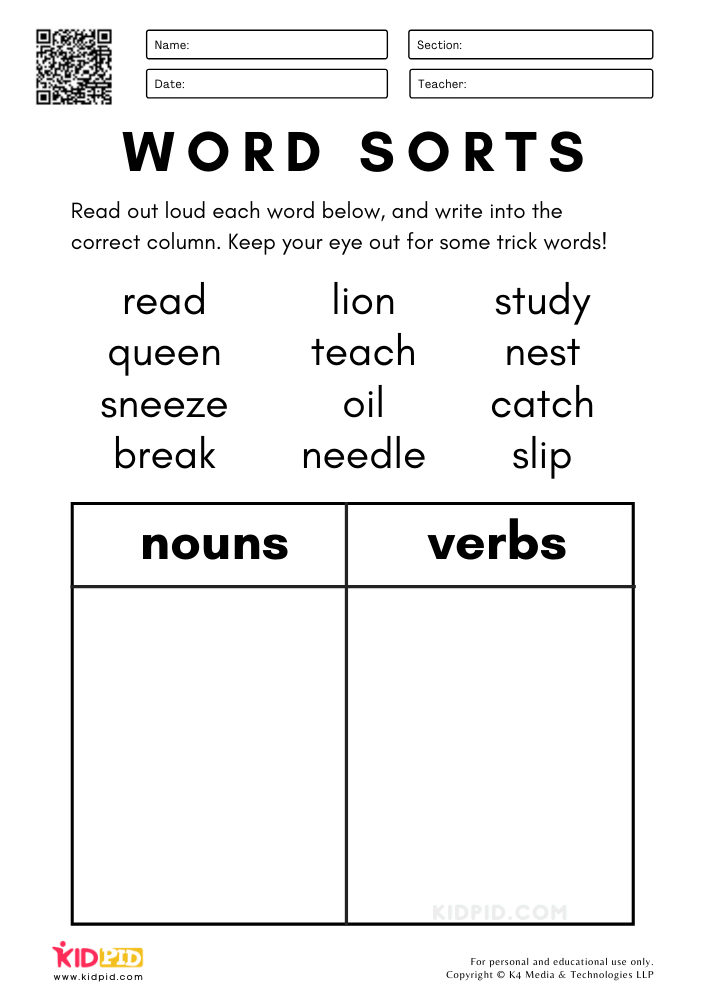 Word Sorts - Nouns and Verbs Worksheets for Kids - Kidpid - Worksheets ...