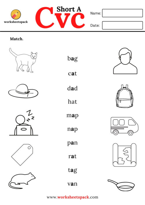 CVC words matching worksheets pdf - worksheetspack