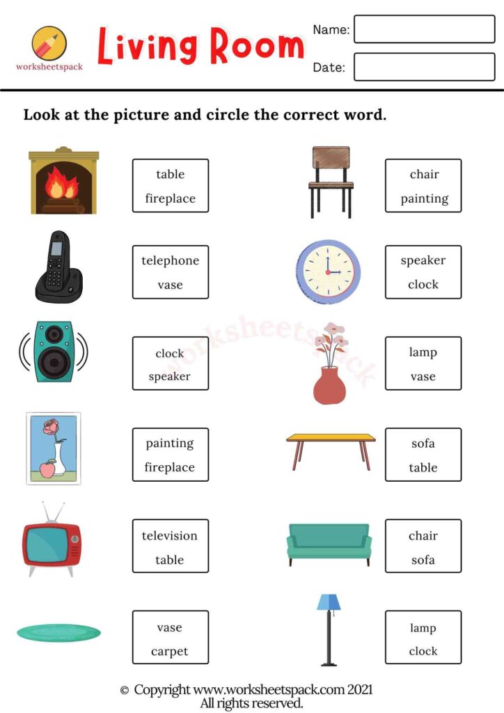 Living room worksheets PDF