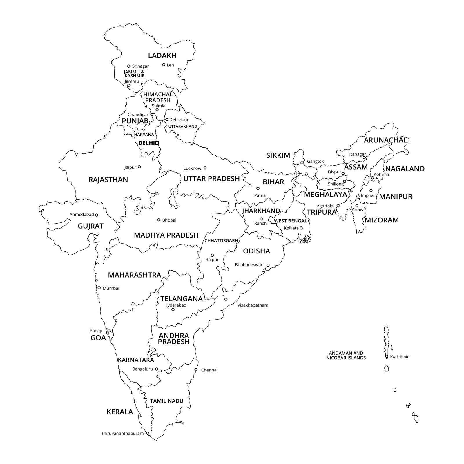 India Map With States And Capitals Black And White