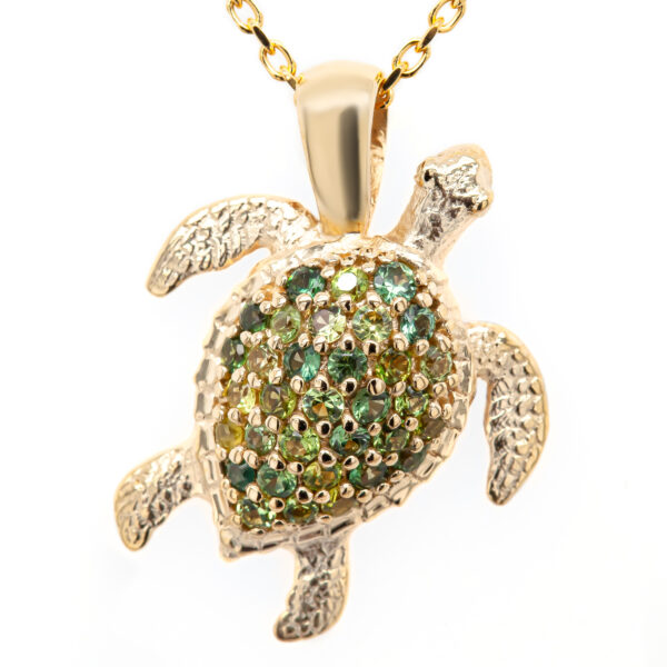 Gold Sea Turtle Necklace Green Sapphires by World Treasure Designs