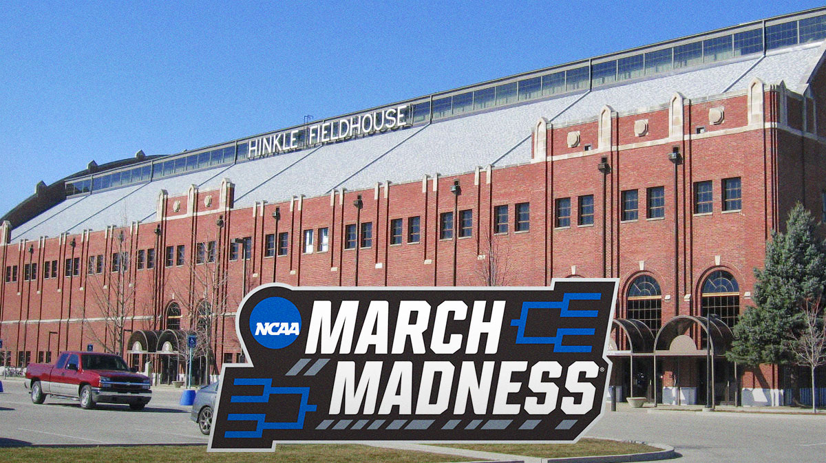 2025 NCAA Tournament Bracketology projections with the exterior of Butler's Hinkle Fieldhouse