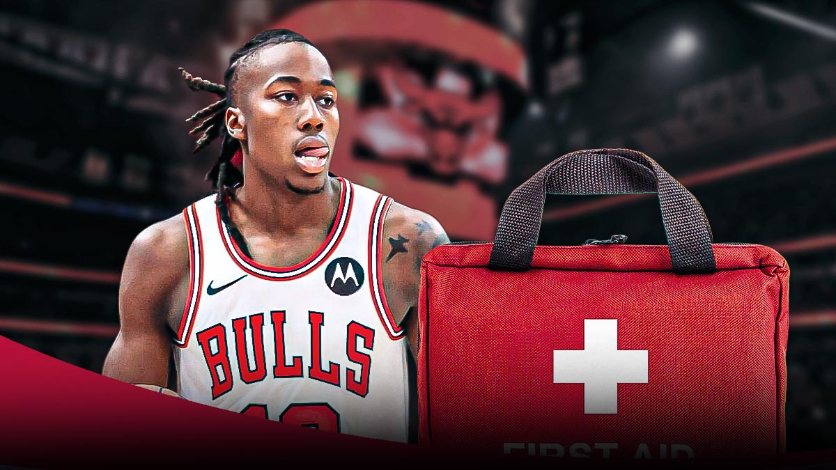 Bulls, Ayo Dosunmu, Ayo Dosunmu Bulls, Ayo Dosunmu injury, Ayo Dosunmu injury update, Ayo Dosunmu in Bulls uni with Bulls arena in the background, first aid kit on graphic