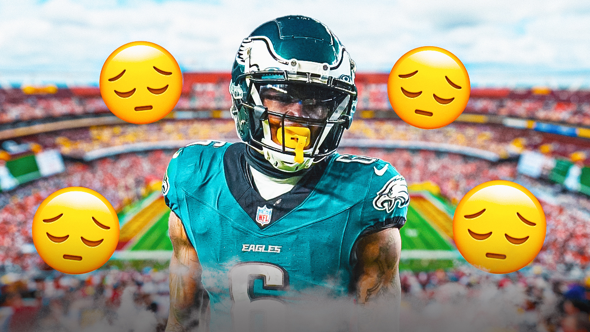 Eagles WR DeVonta Smith looking upset/sad with multiple 😔 emojis in background. Background is Northwest Stadium (Commanders stadium).