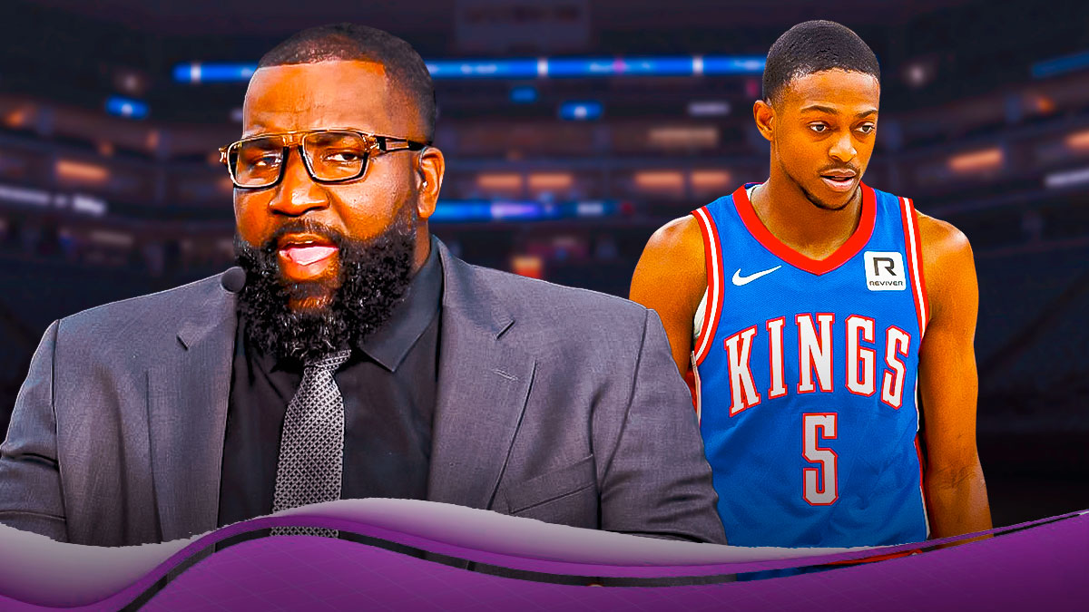 Kendrick Perkins next to De'Aaron Fox in front of the Kings Arena.