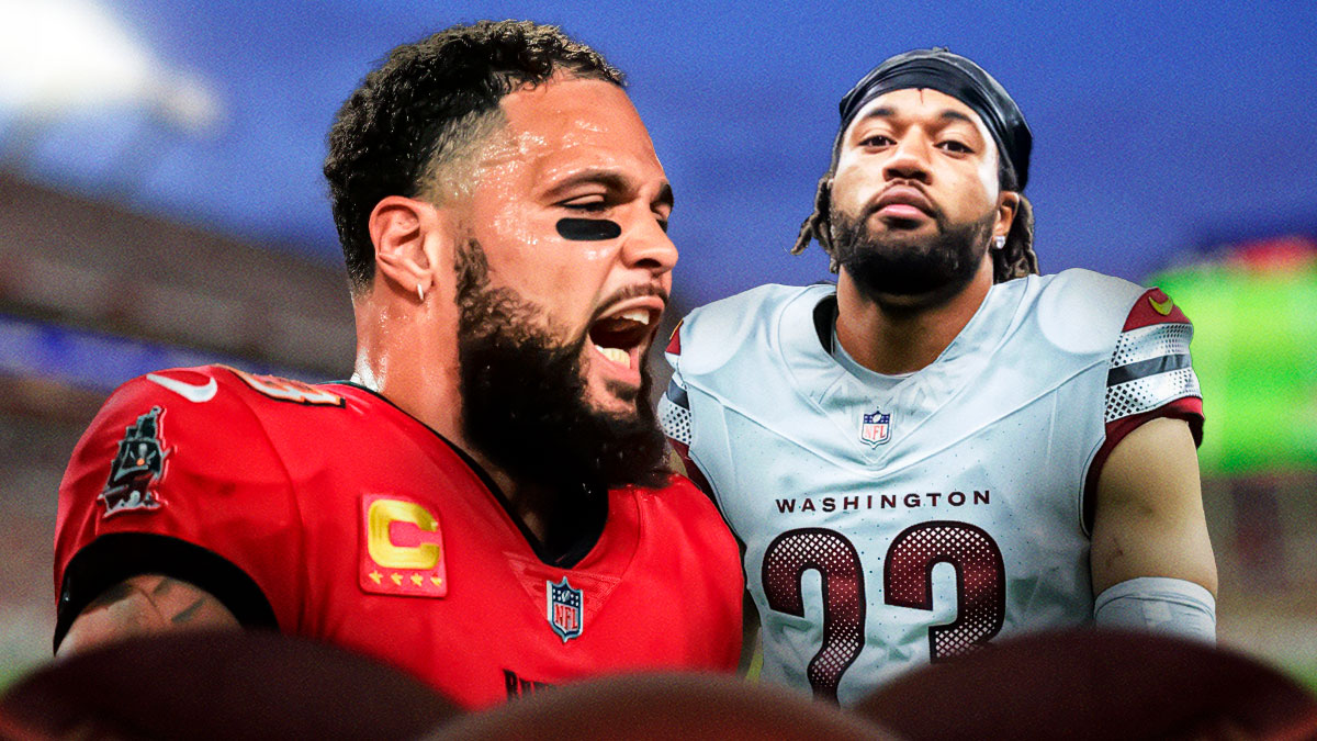 Tampa Bay Buccaneers star Mike Evans and Marshon Lattimore in front of Raymond James Stadium.