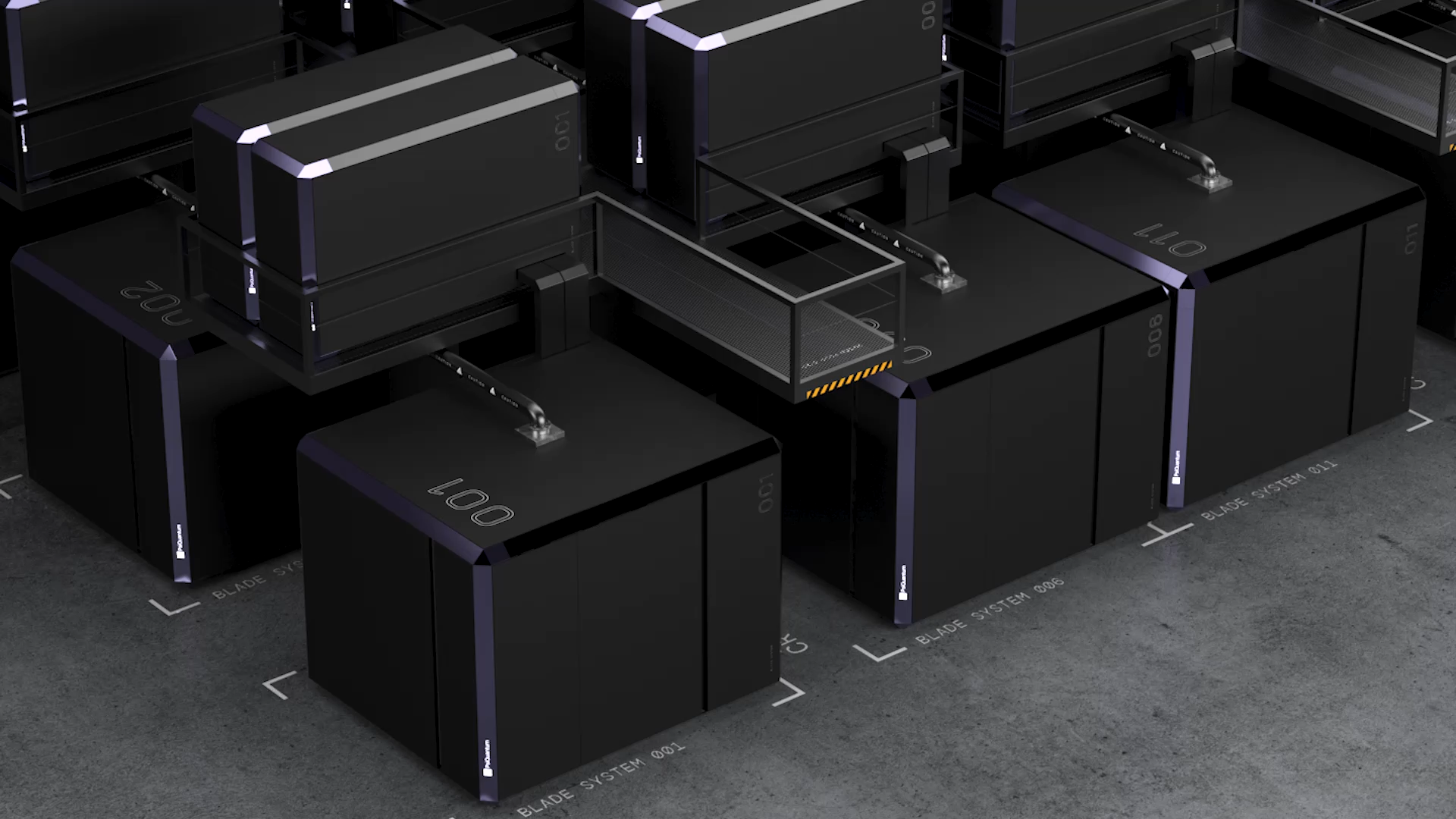 rendering of a two story grid of black quantum cabinets in a warehouse environment