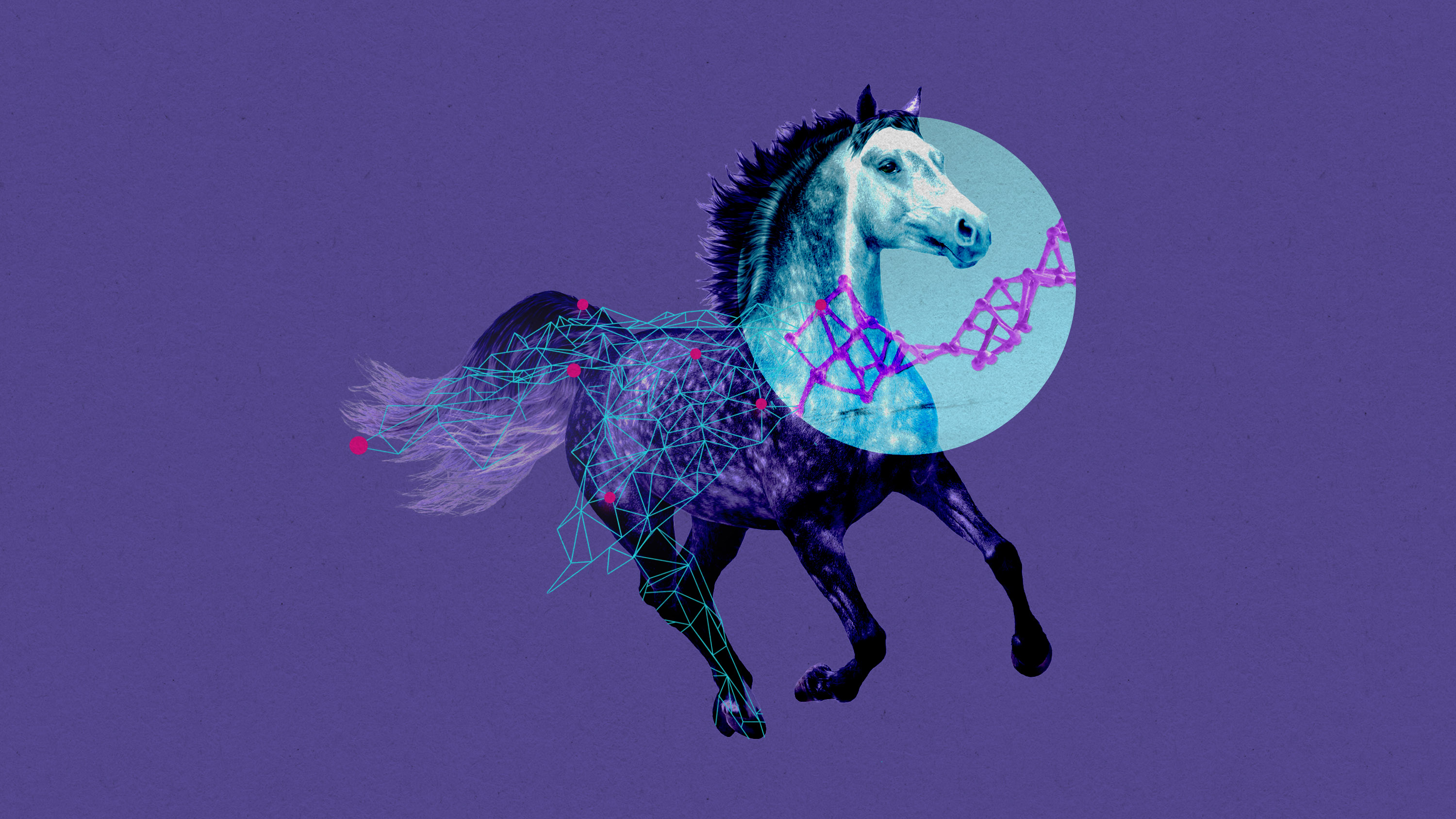 horse running with a snippet of DNA linked to a nexus diagram of lines and circles