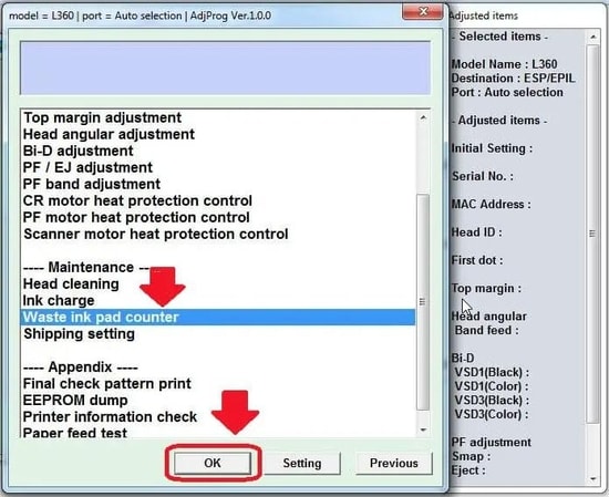 select the Waste Ink Pad Counter option