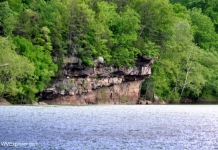 Site of Van Bibber's Leap, Van Bibber's Rock rises above the Kanawha River below Kanawha Falls.