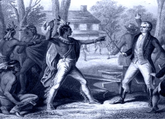 Tecumseh confronts William Henry Harrison