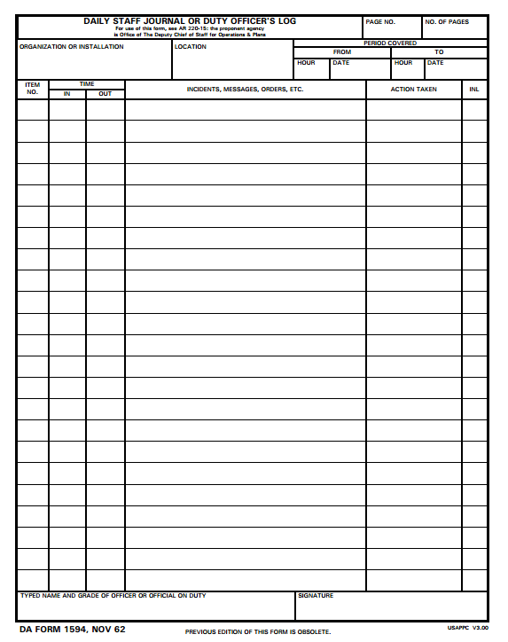 DA form 1594 Daily Staff Journal or Duty Officers Log From Laws.com