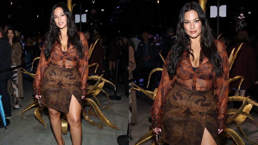 Ashley Graham, Etro, Milan Fashion Week spring 2025 front row, sheer blouse peekaboo bra layering fashion trend