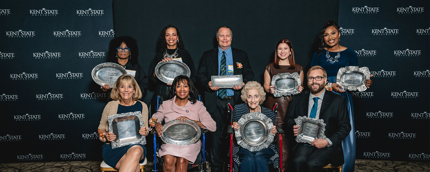 Pictured are the 2024 Kent State University Alumni Award winners at the awards ceremony, held Sept. 27 during Homecoming weekend at the Kent State University Hotel and Conference Center in Kent, Ohio. (Photo credit: Andrea Hallgren)