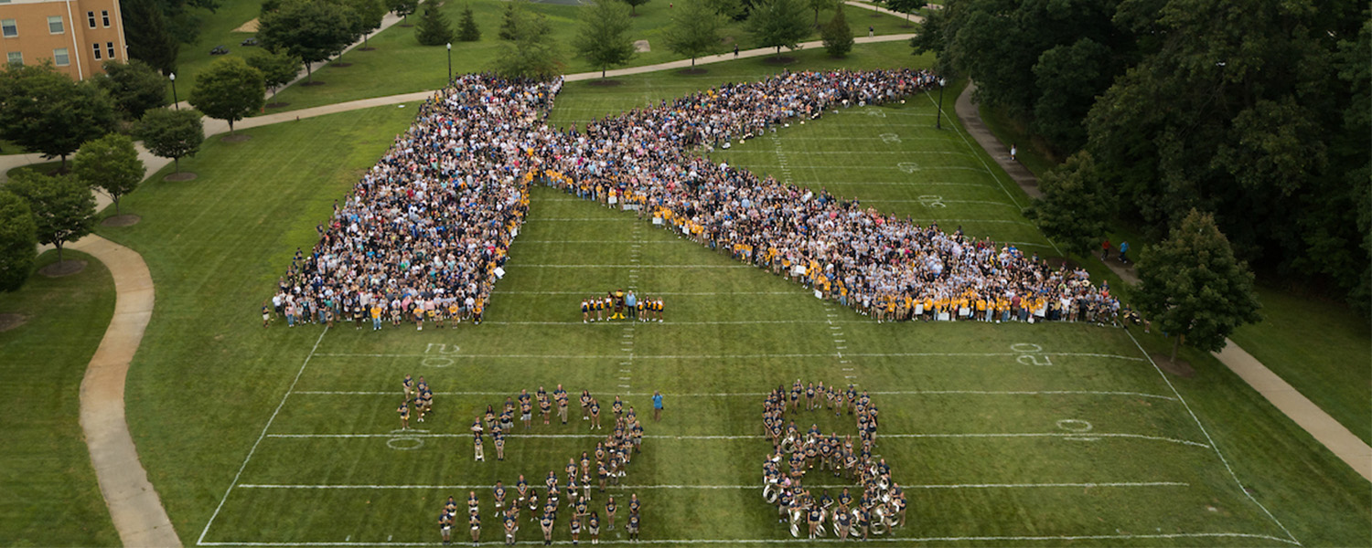 Kent State University students who make up the Class of 2028 pose for a group photo forming a K on Manchester Field, an annual tradition following Convocation.