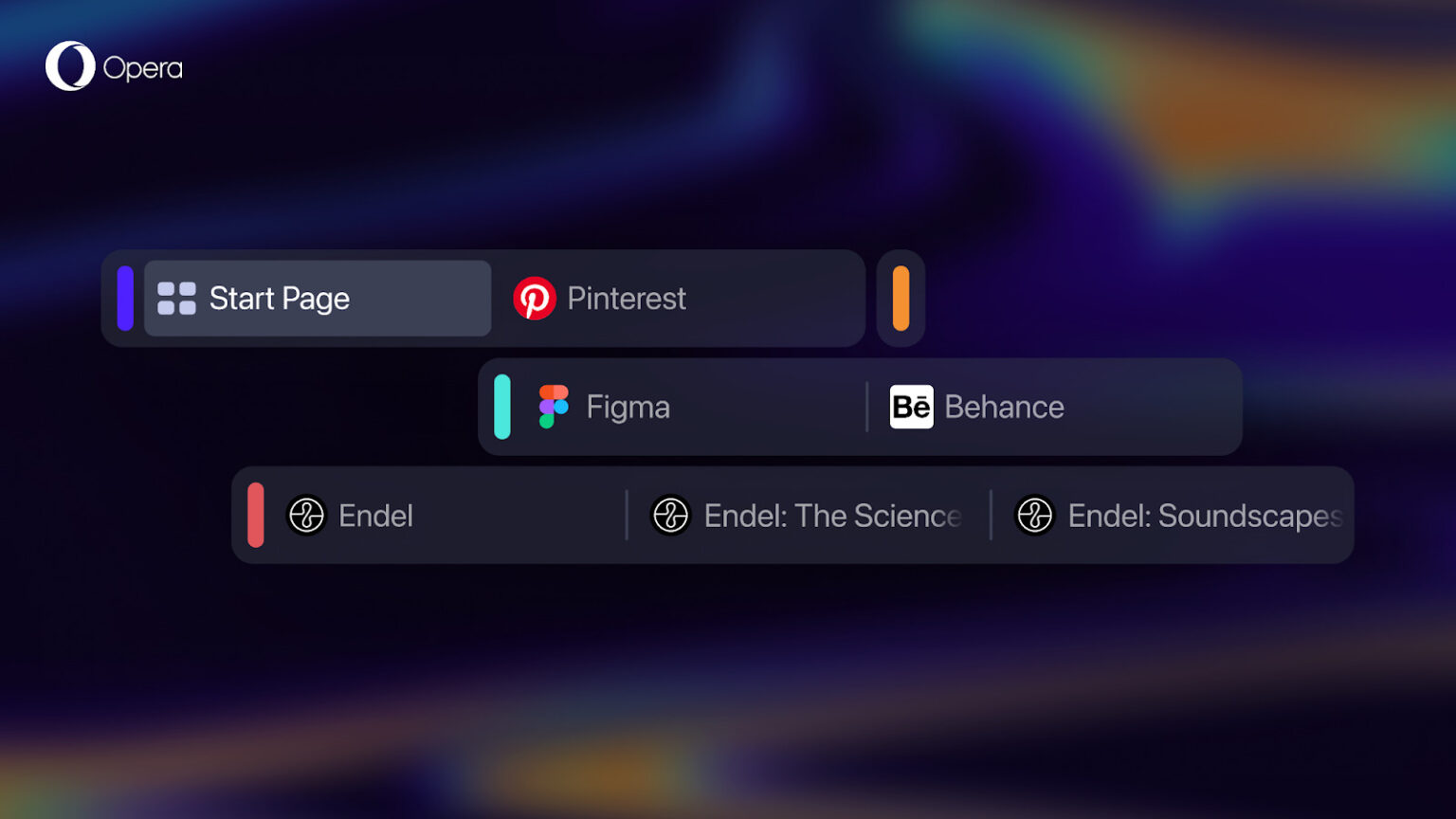 Grouped islands representing different web browsing activities, with the start page and Pinterest grouped on one island, Figma and Behance on another island, and multiple Endel tabs grouped together. 