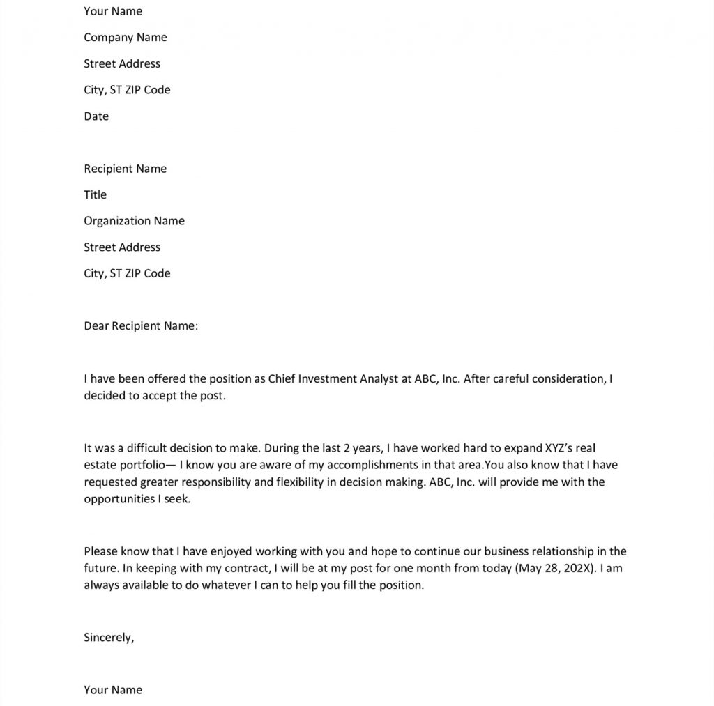 Draft Letter Of Resignation Template