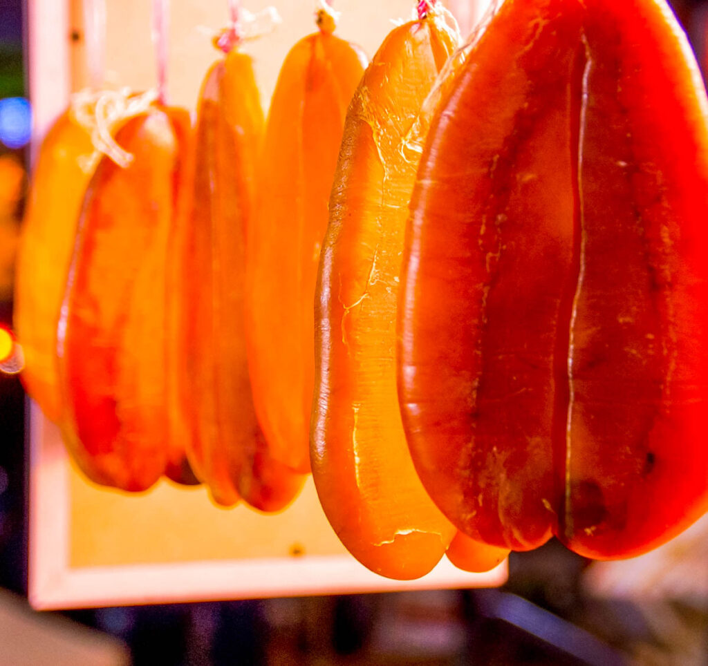 Bottarga hanging in a row