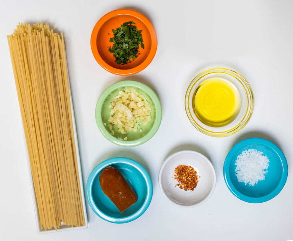 Mise en place for Spaghetti alla Bottarga