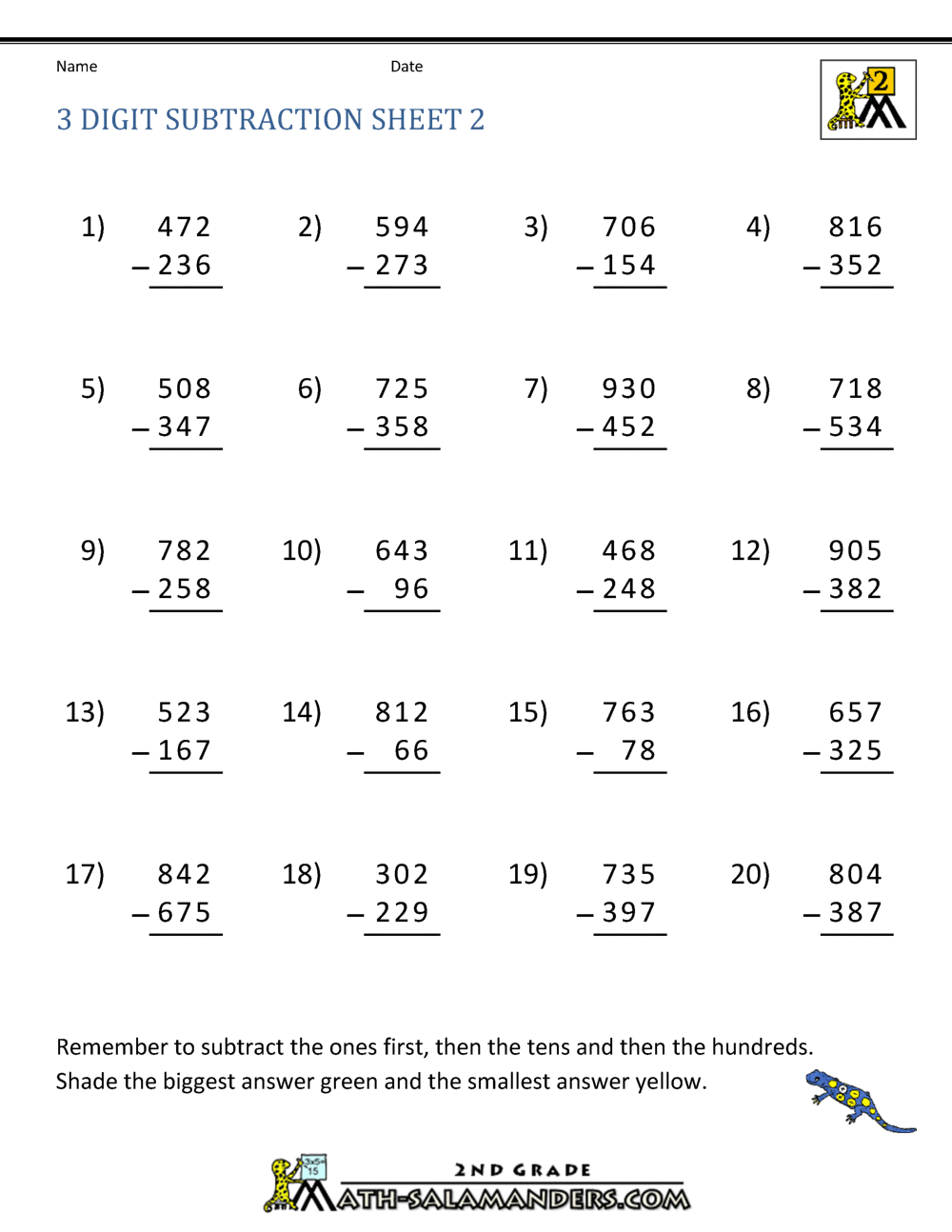 Subtraction Worksheets 3 Digit Regrouping