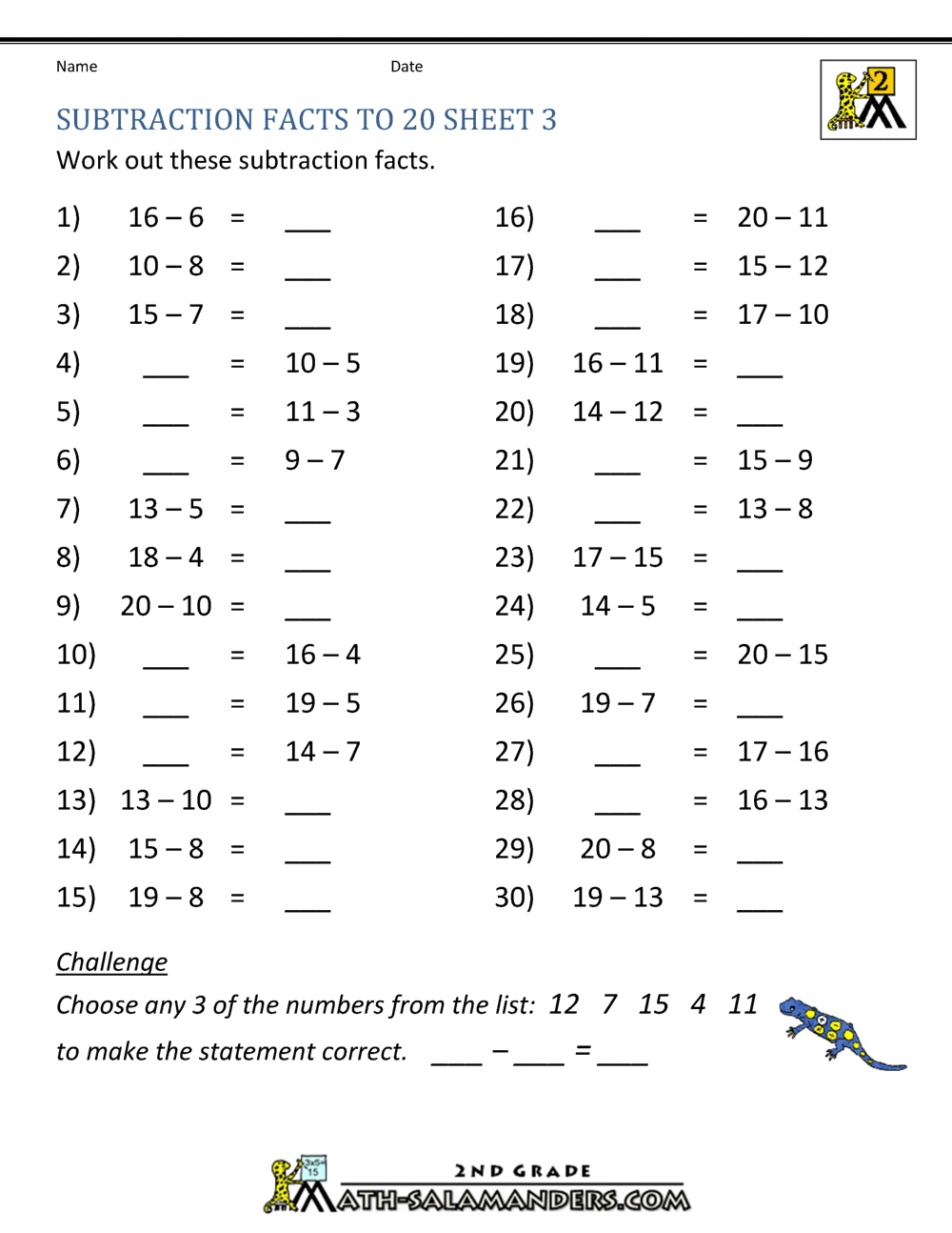 Subtraction to 20