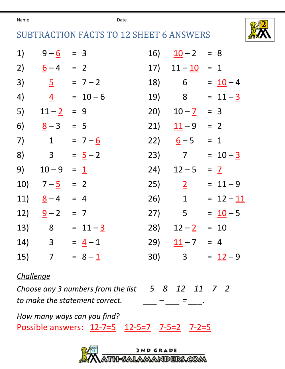 Free Subtraction Worksheets to 12