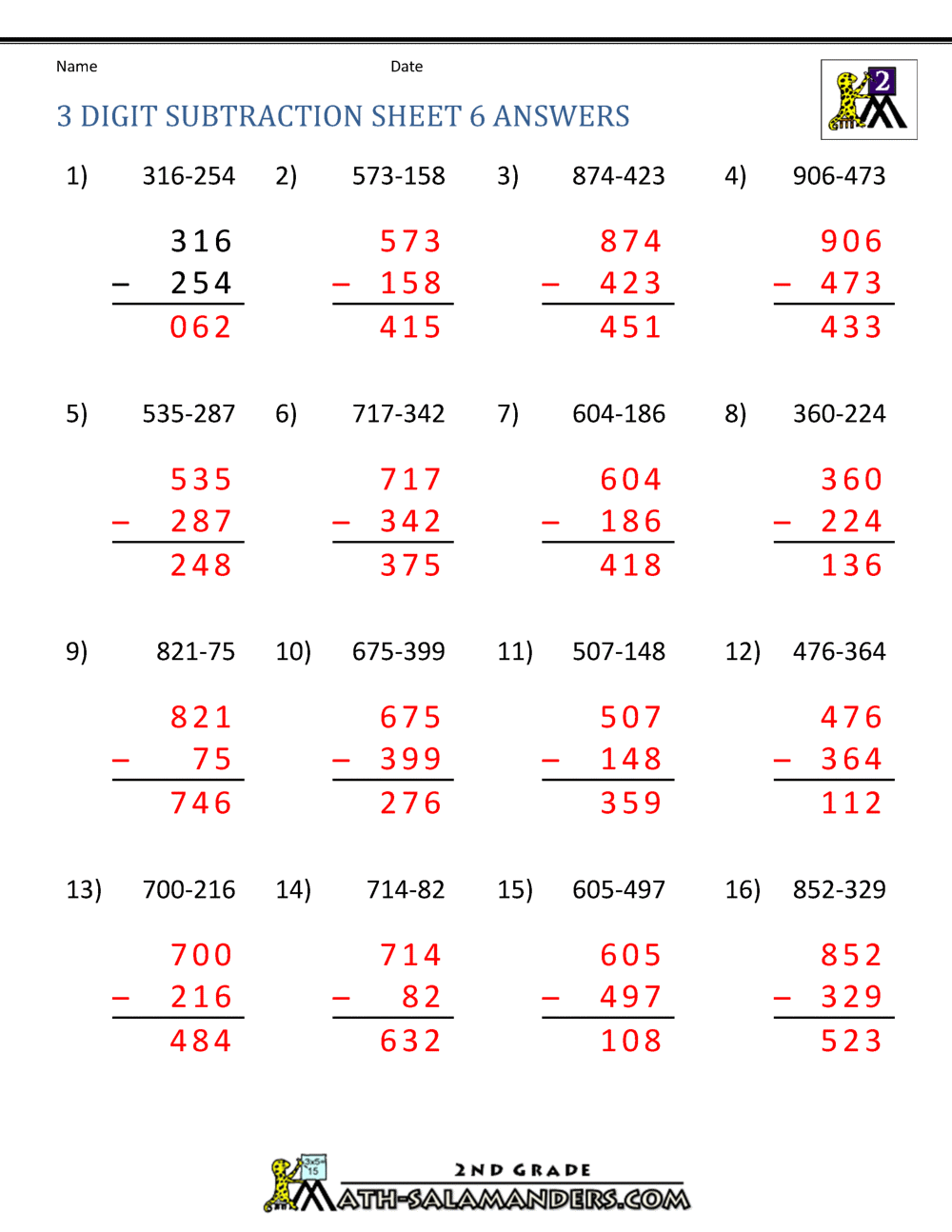 Subtraction Of 3 Digit Numbers With Regrouping