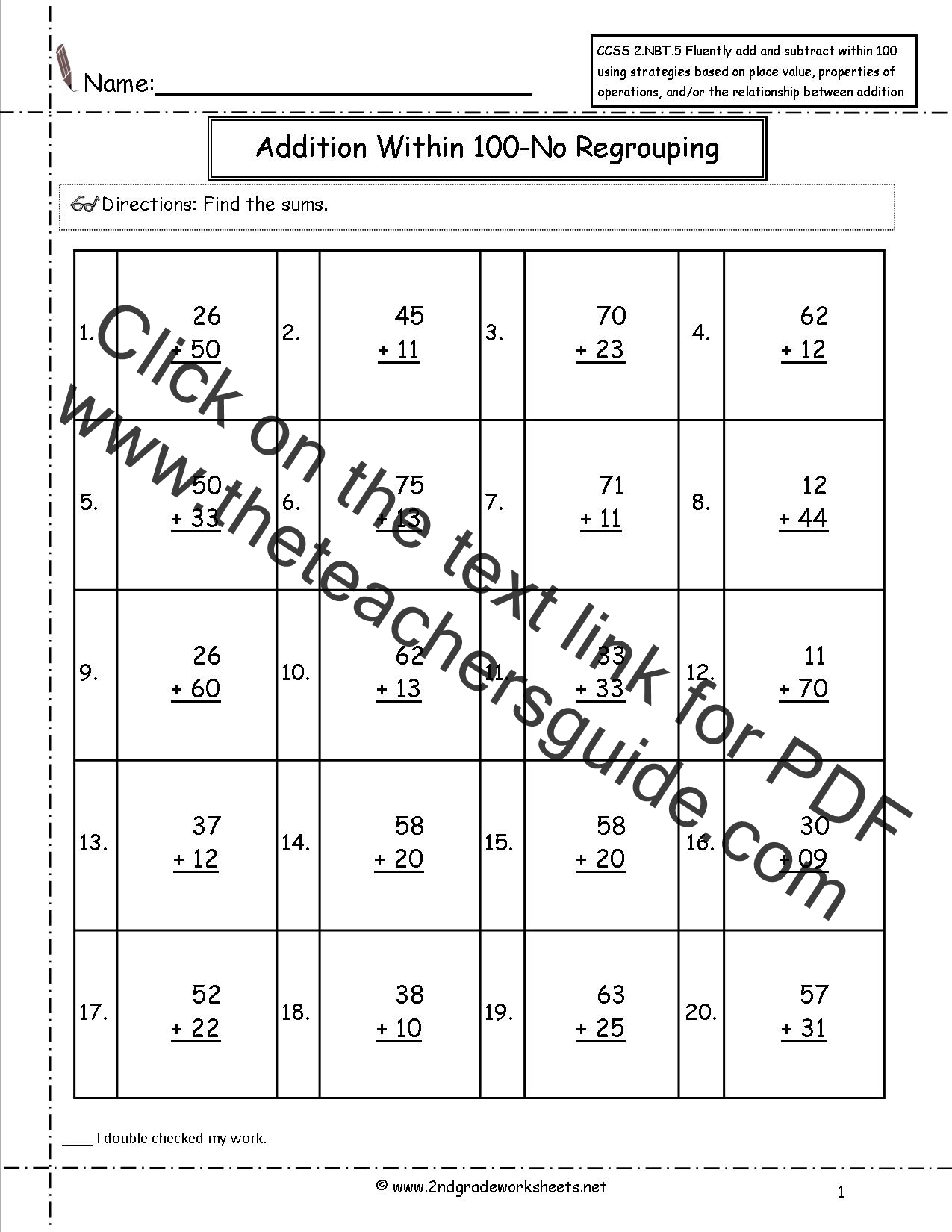 CCSS 2.NBT.5 Worksheets. Two Digit Addition and Subtraction Within 100 ...