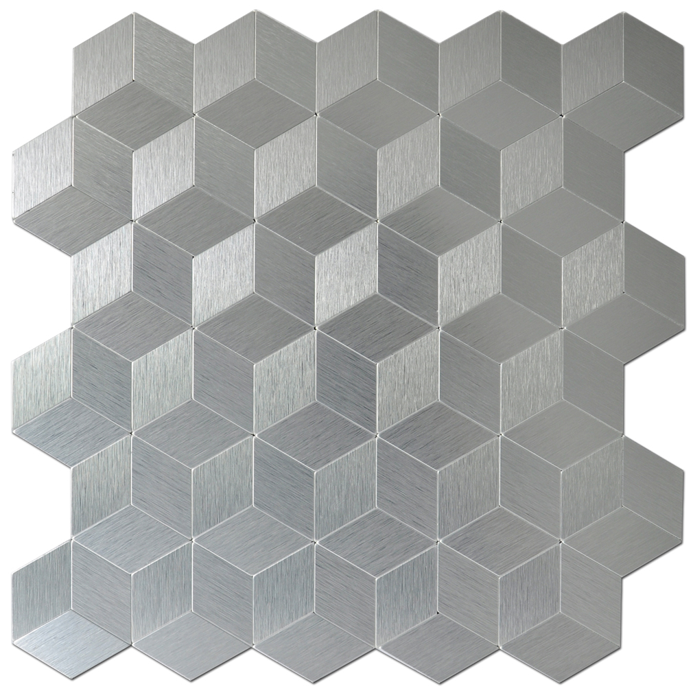 A16061 - Peel & Stick Metal Backsplash for Kitchen, Cubic Silver, Set of 10