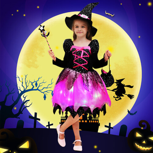 Witch Costume Light up Girls Set Witch Costume for Girls Halloween Costume Hat Magic Deluxe Fancy Dress Outfit for Kids Role Play Party 120cm