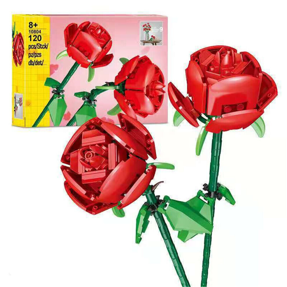 2PCS Roses Flower Building Blocks Flower Bouquet Decoration Toys Fit Lego