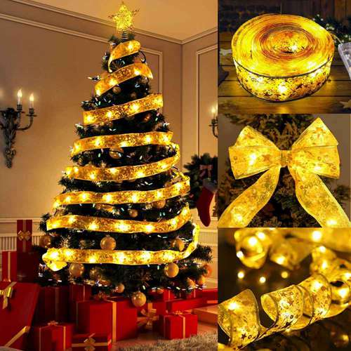 Christmas Fairy Lights Indoor Outdoor 33FT 100LED Christmas Decorations Battery Fairy Lights Ribbon String Lights Curtain Lights Christmas Tree Lights for Christmas Decorations Xmas Decor Warm White RGB