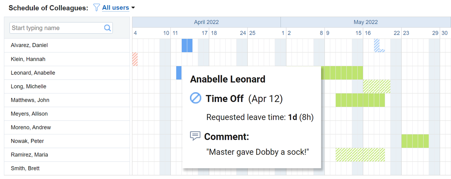 Leave of absence in a team calendar in actiPLANS - best time off tracker