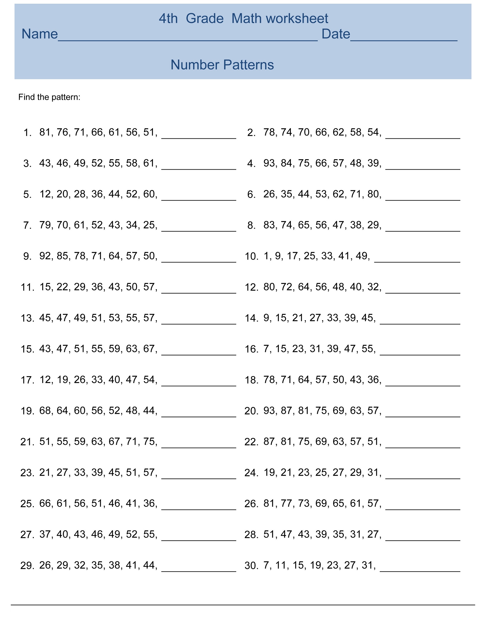 addition worksheet 4th grade math worksheets printable - fourth grade ...