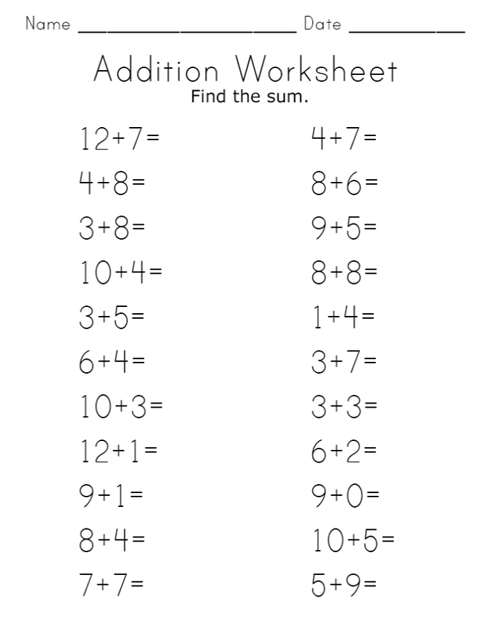 Free Printable Math Sheet