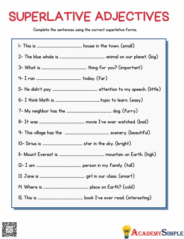 Free Superlative Adjectives Worksheets - Adjectiveworksheets.net